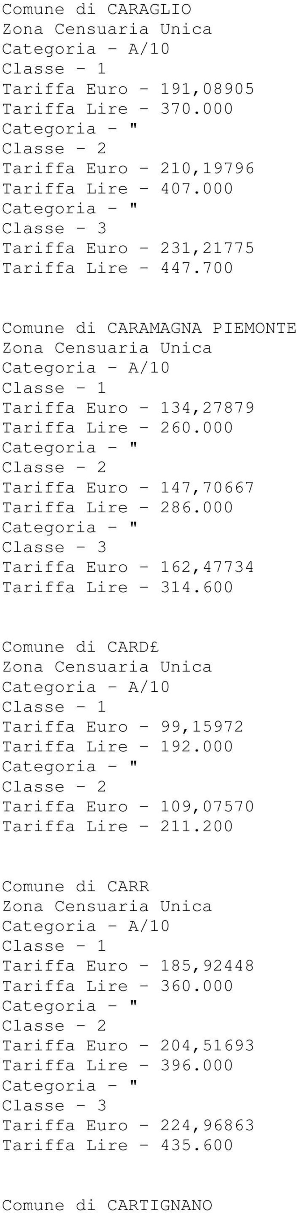 000 Tariffa Euro - 147,70667 Tariffa Lire - 286.000 Tariffa Euro - 162,47734 Tariffa Lire - 314.