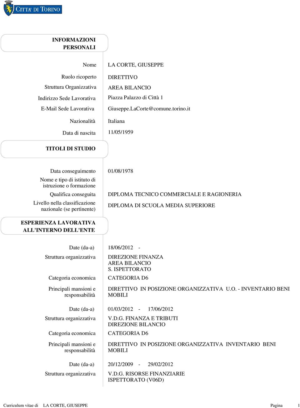 it Italiana 11/05/1959 TITOLI DI STUDIO Qualifica conseguita Livello nella classificazione nazionale (se pertinente) 01/08/1978 DIPLOMA TECNICO COMMERCIALE E