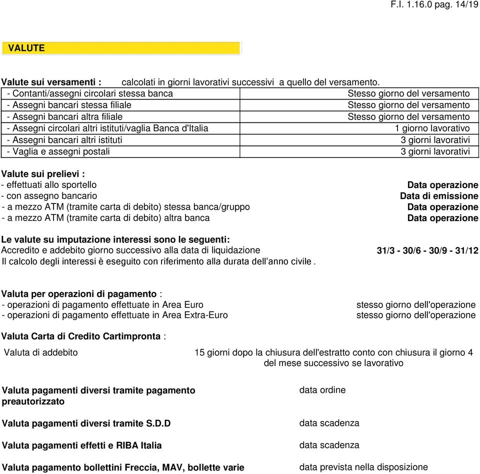 Assegni circolari altri istituti/vaglia Banca d'italia 1 giorno lavorativo - Assegni bancari altri istituti 3 giorni lavorativi - Vaglia e assegni postali 3 giorni lavorativi Valute sui prelievi : -