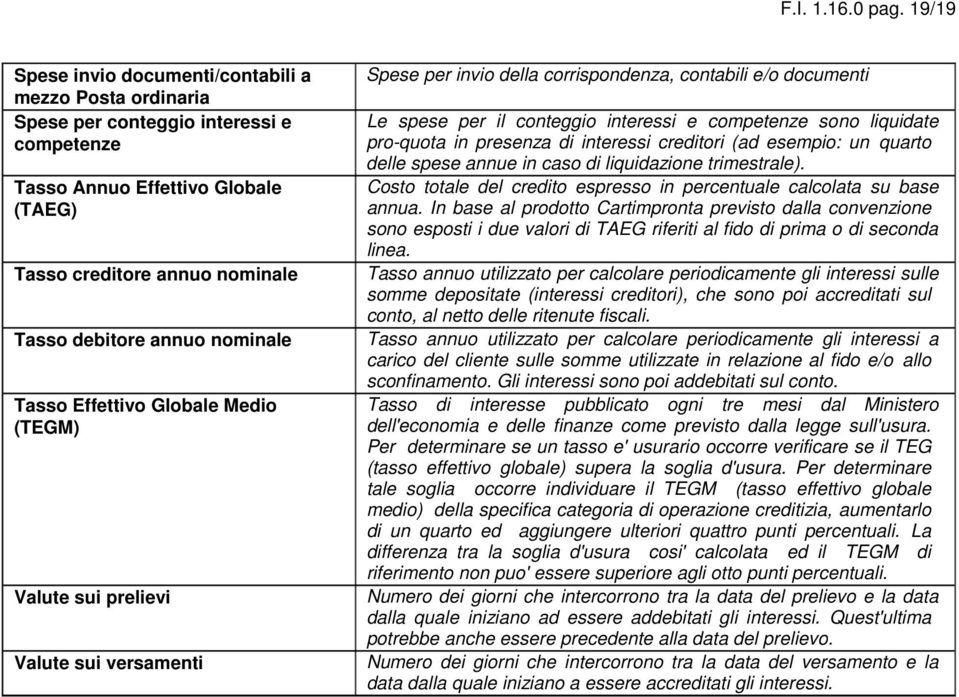 nominale Tasso Effettivo Globale Medio (TEGM) Valute sui prelievi Valute sui versamenti Spese per invio della corrispondenza, contabili e/o documenti Le spese per il conteggio interessi e competenze