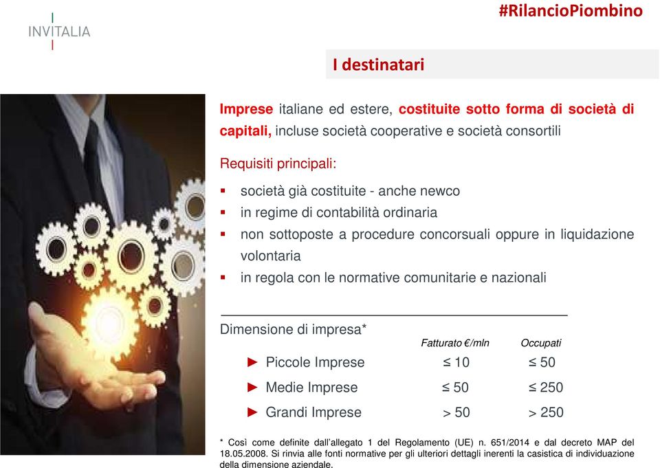 nazionali Dimensione di impresa* Fatturato /mln Occupati Piccole Imprese 10 50 Medie Imprese 50 250 Grandi Imprese > 50 > 250 * Così come definite dall allegato 1 del