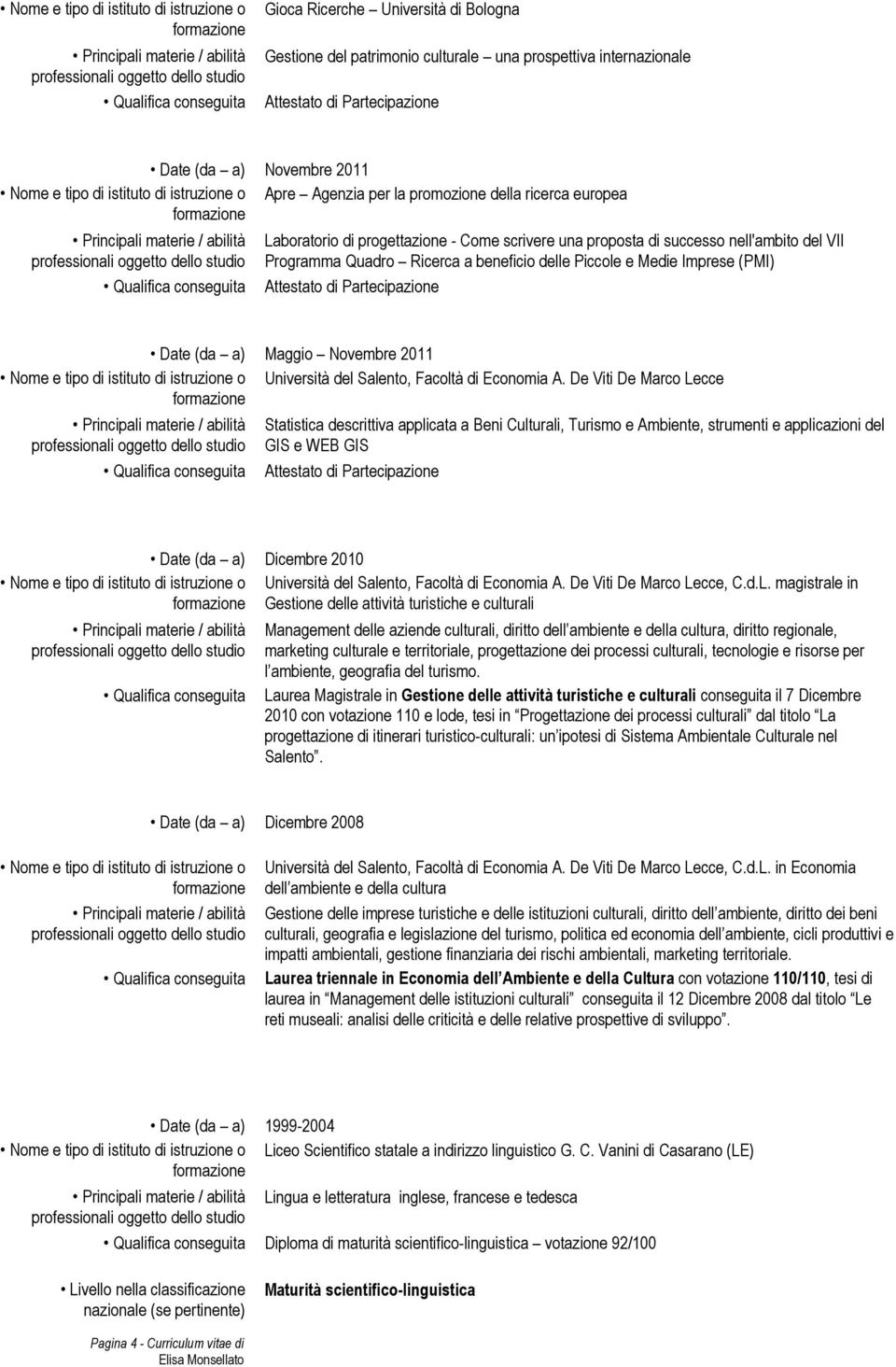 Piccole e Medie Imprese (PMI) Date (da a) Maggio Novembre 2011 Nome e tipo di istituto di istruzione o Università del Salento, Facoltà di Economia A.