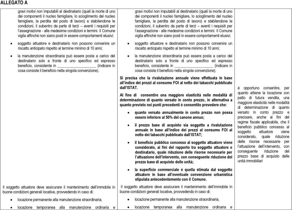 Il Comune vigila affinché non siano posti in essere comportamenti elusivi; soggetto attuatore e destinatario non possono convenire un riscatto anticipato rispetto al termine minimo di 10 anni; la