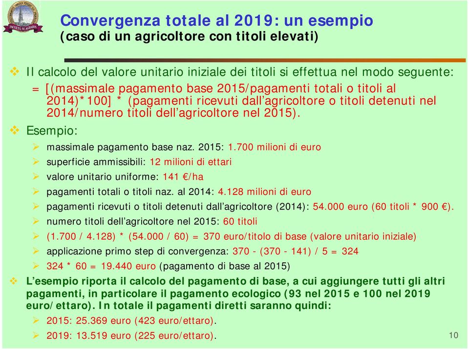 700 milioni di euro superficie ammissibili: 12 milioni di ettari valore unitario uniforme: 141 /ha pagamenti totali o titoli naz. al 2014: 4.