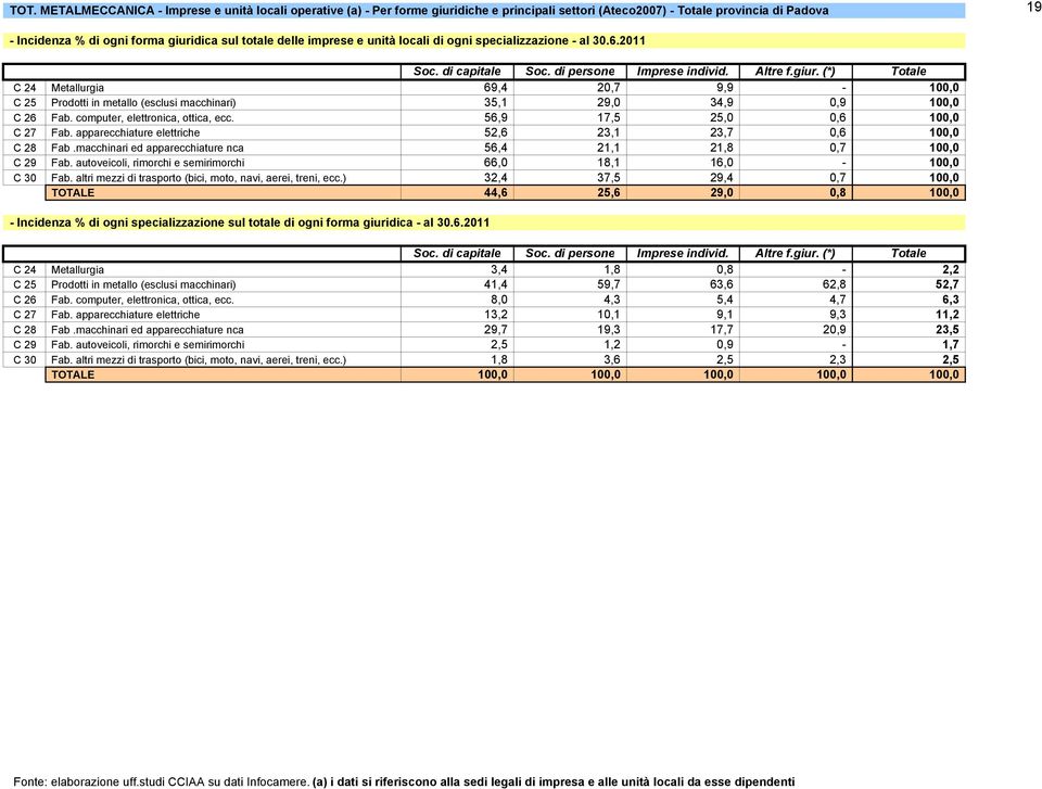 (*) Totale C 24 Metallurgia 69,4 20,7 9,9-100,0 C 25 Prodotti in metallo (esclusi macchinari) 35,1 29,0 34,9 0,9 100,0 C 26 Fab. computer, elettronica, ottica, ecc. 56,9 17,5 25,0 0,6 100,0 C 27 Fab.