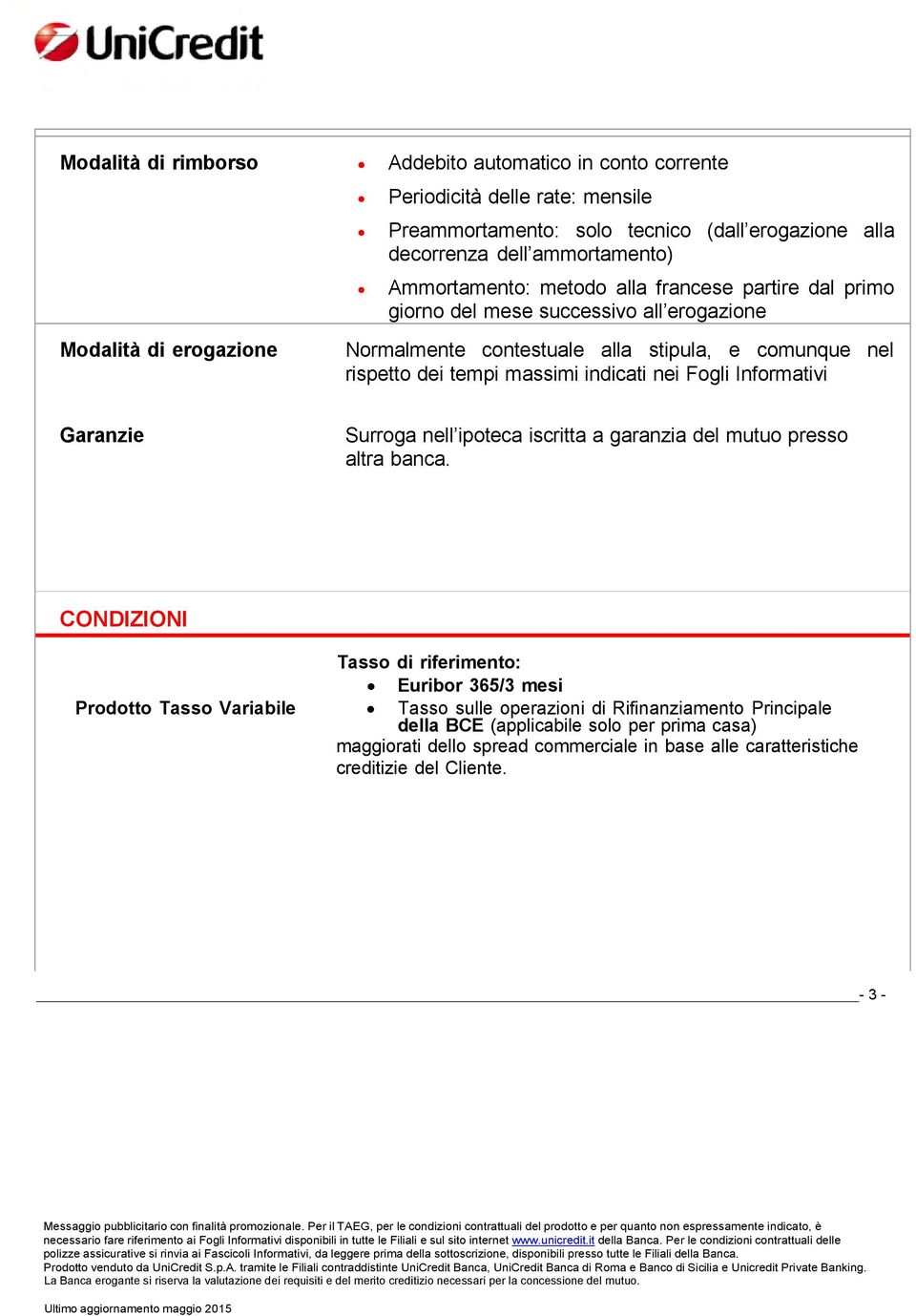 indicati nei Fogli Informativi Garanzie Surroga nell ipoteca iscritta a garanzia del mutuo presso altra banca.