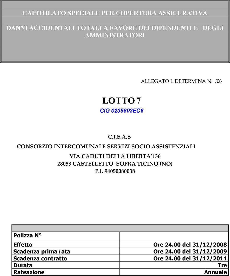 CADUTI DELLA LIBERTA 136 28053 CASTELLETTO SOPRA TICINO (NO) P.I. 94050080038 Polizza N Effetto Ore 24.