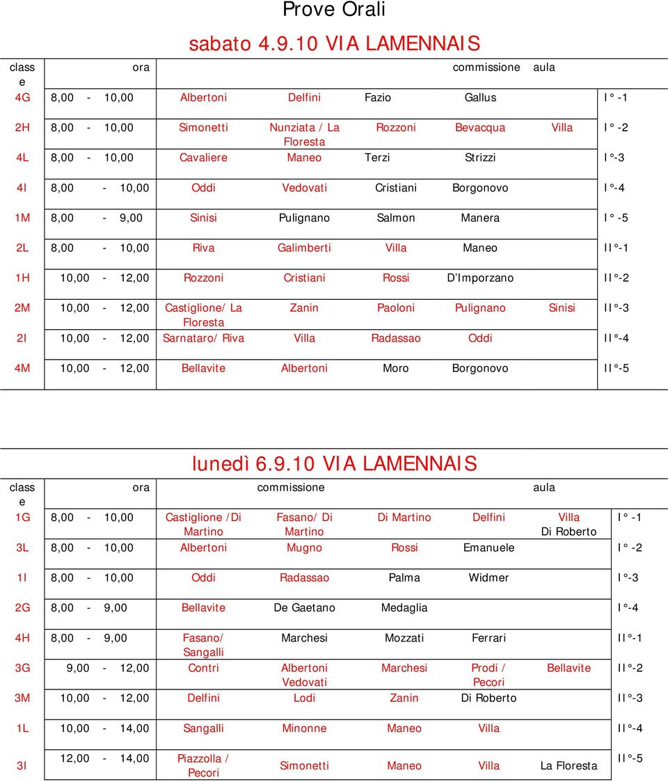 Vdovati Cristiani Borgonovo I -4 1M 8,00-9,00 Sinisi Pulignano Salmon Manra I -5 2L 8,00-10,00 Riva Galimbrti Villa Mano II -1 1H 10,00-12,00 Rozzoni Cristiani Rossi D Imporzano II -2 2M 10,00-12,00