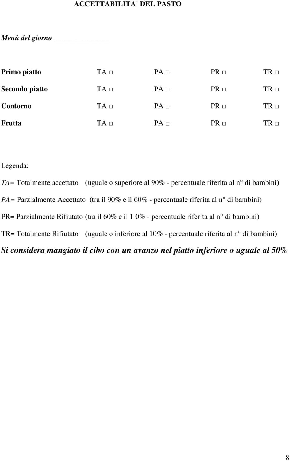 percentuale riferita al n di bambini) PR= Parzialmente Rifiutato (tra il 60% e il 1 0% - percentuale riferita al n di bambini) TR= Totalmente