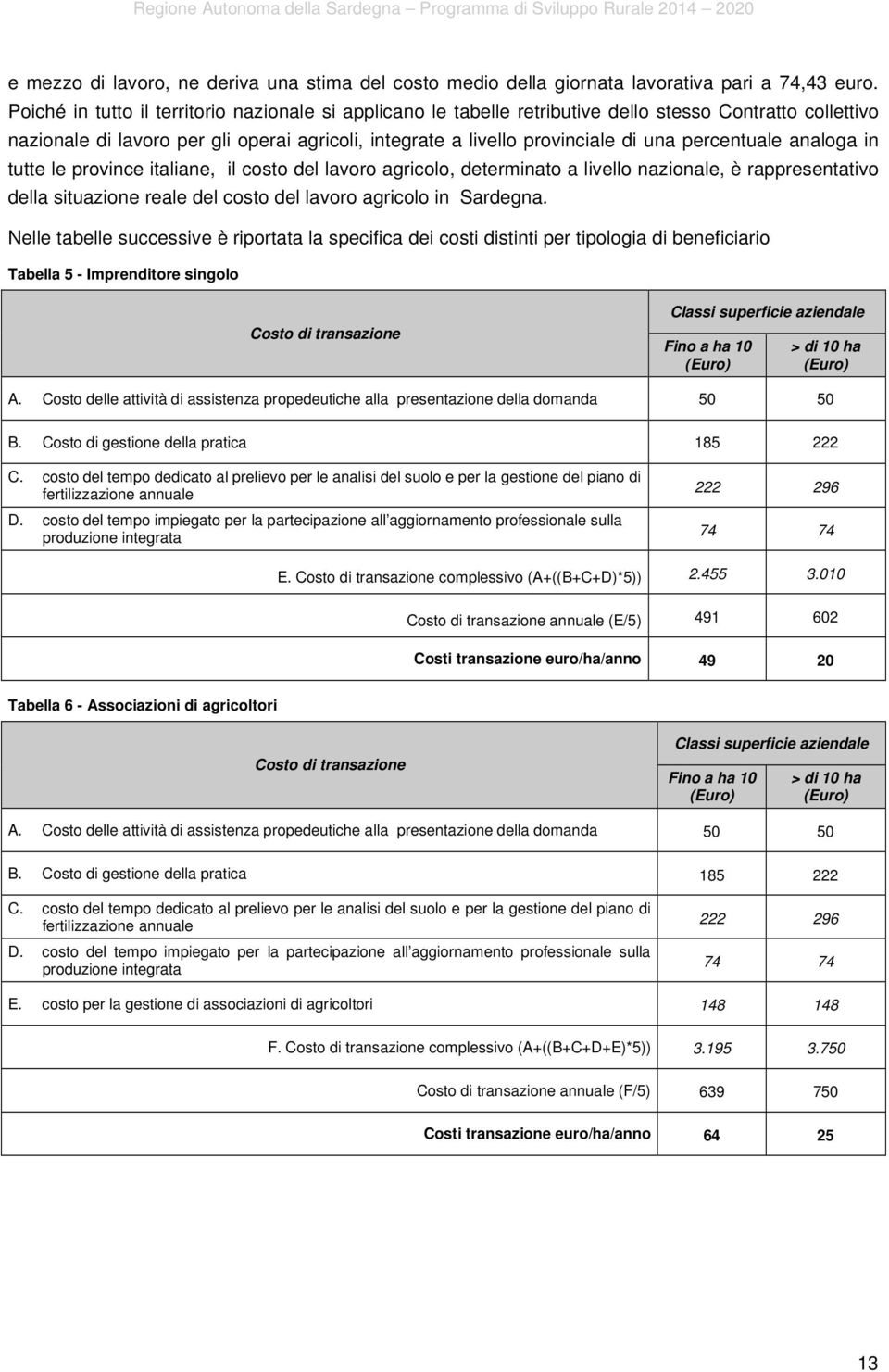 percentuale analoga in tutte le province italiane, il costo del lavoro agricolo, determinato a livello nazionale, è rappresentativo della situazione reale del costo del lavoro agricolo in Sardegna.