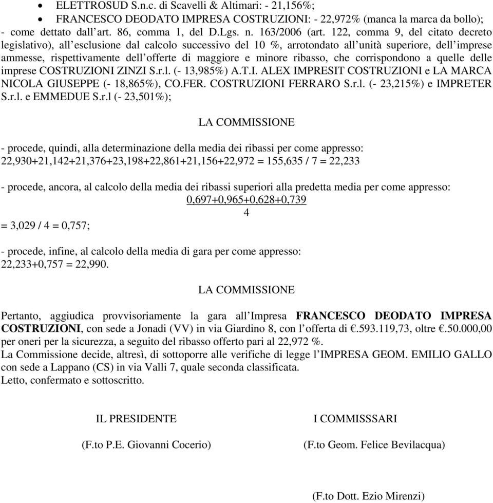 ribasso, che corrispondono a quelle delle imprese COSTRUZIONI ZINZI S.r.l. (- 13,985%) A.T.I. ALEX IMPRESIT COSTRUZIONI e LA MARCA NICOLA GIUSEPPE (- 18,865%), CO.FER. COSTRUZIONI FERRARO S.r.l. (- 23,215%) e IMPRETER S.