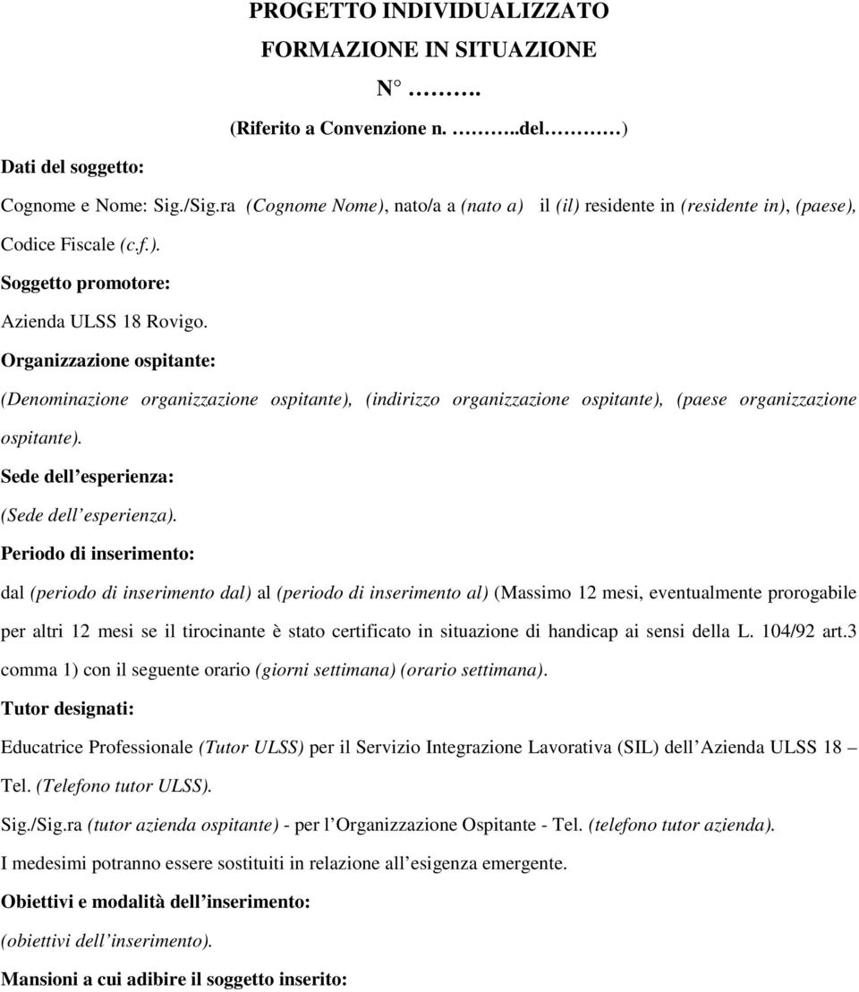 Organizzazione ospitante: (Denominazione organizzazione ospitante), (indirizzo organizzazione ospitante), (paese organizzazione ospitante). Sede dell esperienza: (Sede dell esperienza).