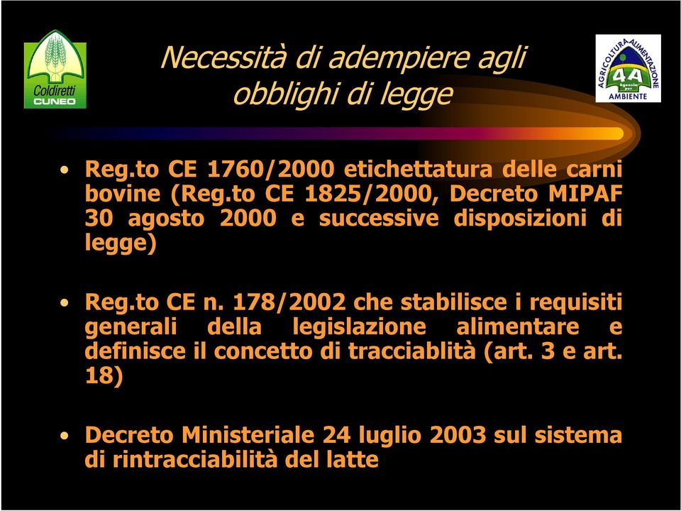 to CE 1825/2000, Decreto MIPAF 30 agosto 2000 e successive disposizioni di legge) Reg.to CE n.