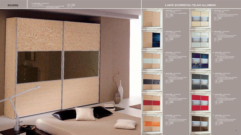 R20844 9. ARMADIO / WARDROBE - vetri superiori e inferiori laccati GESSO H 256 Cod. R20154 H 224 Cod. R20852 - cartelle superiori e inferiori ROVERE - vetri centrali laccati GESSO H 256 Cod.