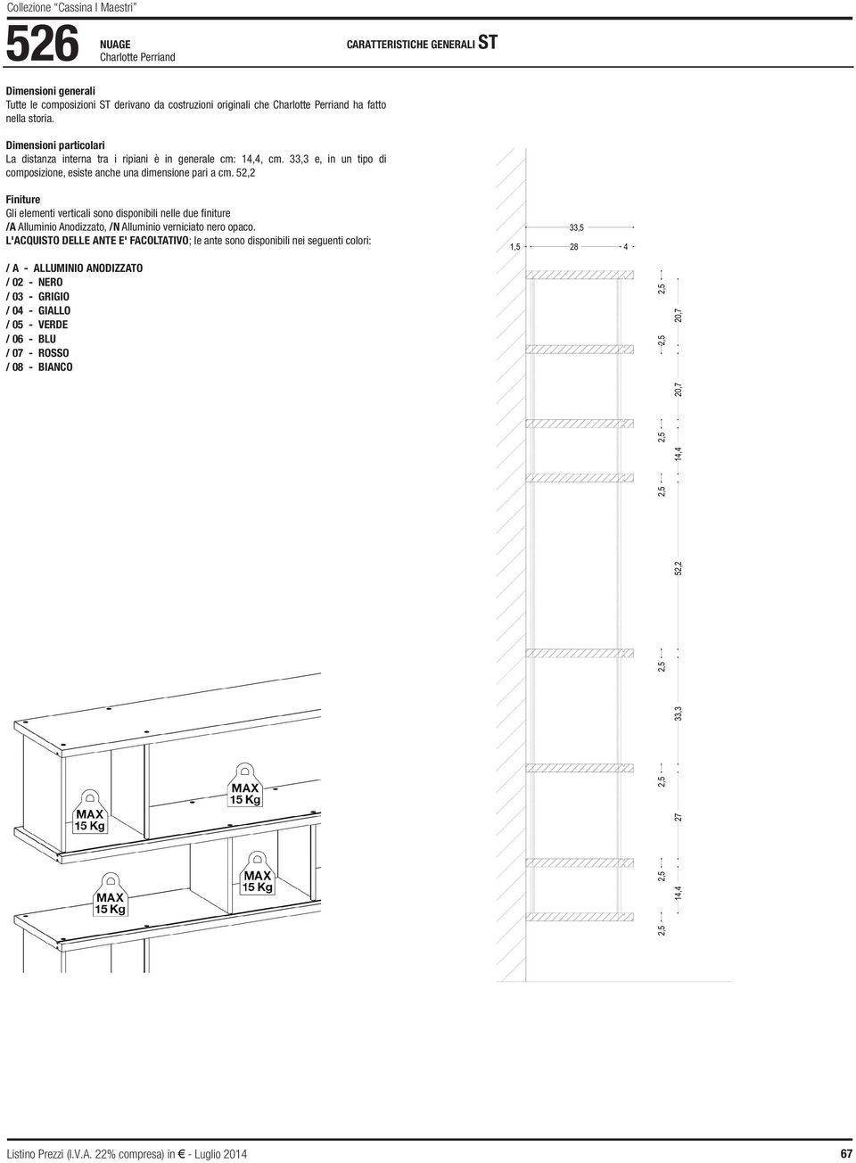 52,2 Finiture Gli elementi verticali sono disponibili nelle due finiture /A Alluminio Anodizzato, /N Alluminio verniciato nero opaco.