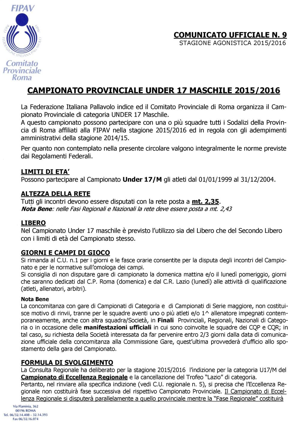 categoria UNDER 17 Maschile.