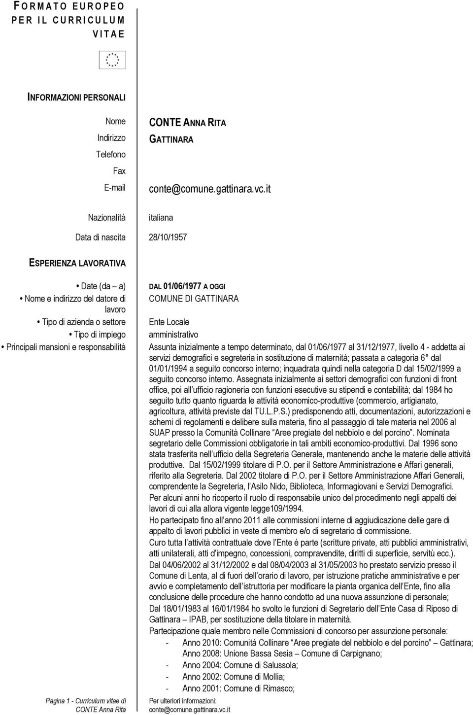 responsabilità Pagina 1 - Curriculum vitae di CONTE Anna Rita DAL 01/06/1977 A OGGI COMUNE DI GATTINARA Ente Locale amministrativo Assunta inizialmente a tempo determinato, dal 01/06/1977 al