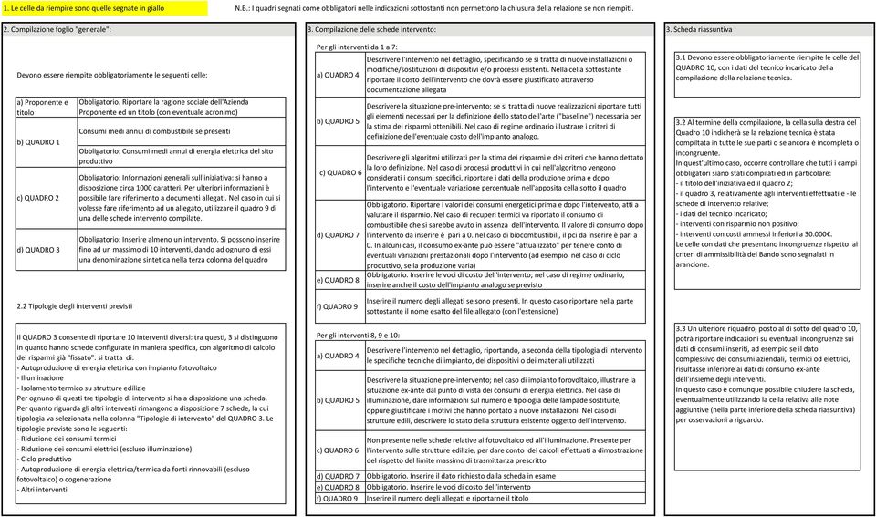 Scheda riassuntiva Per gli interventi da 1 a 7: Devono essere riempite obbligatoriamente le seguenti celle: a) QUADRO 4 a) Proponente e titolo b) QUADRO 1 c) QUADRO 2 d) QUADRO 3 Obbligatorio.