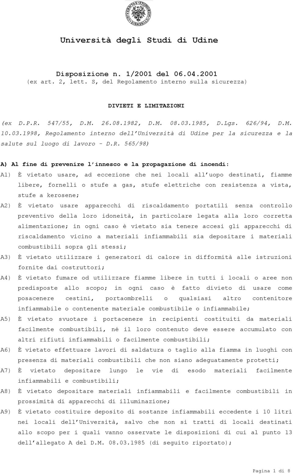 golamento interno dell Università di Udine per la sicurezza e la salute sul luogo di lavoro - D.R.