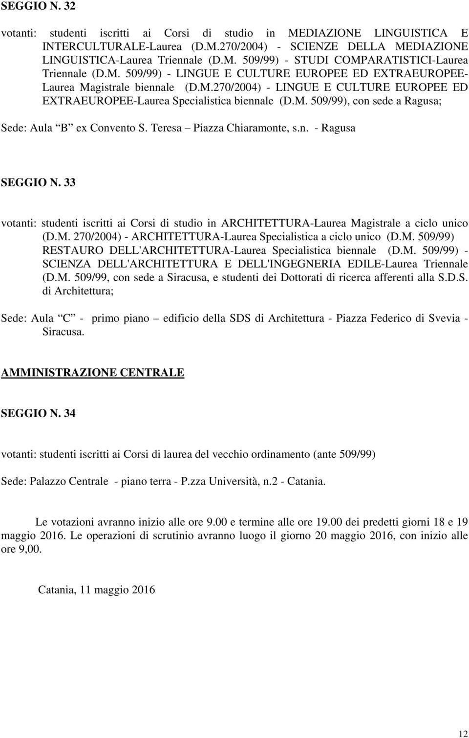 Teresa Piazza Chiaramonte, s.n. - Ragusa SEGGIO N. 33 votanti: studenti iscritti ai Corsi di studio in ARCHITETTURA-Laurea Magistrale a ciclo unico (D.M. 270/2004) - ARCHITETTURA-Laurea Specialistica a ciclo unico (D.