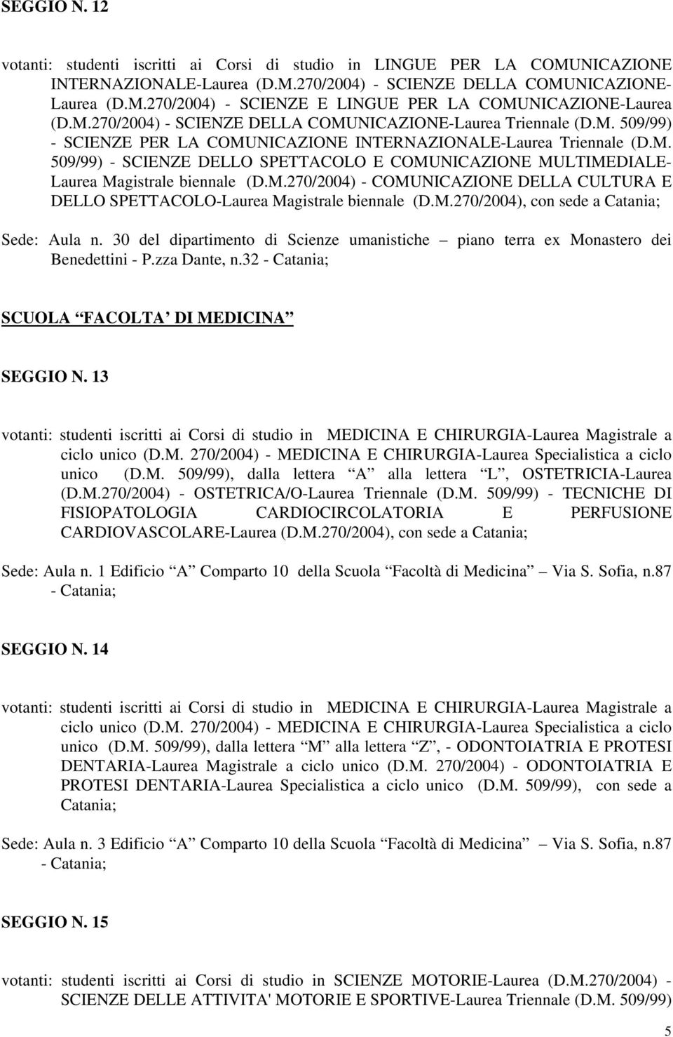 M.270/2004) - COMUNICAZIONE DELLA CULTURA E DELLO SPETTACOLO-Laurea Magistrale biennale (D.M.270/2004), con sede a Catania; Sede: Aula n.