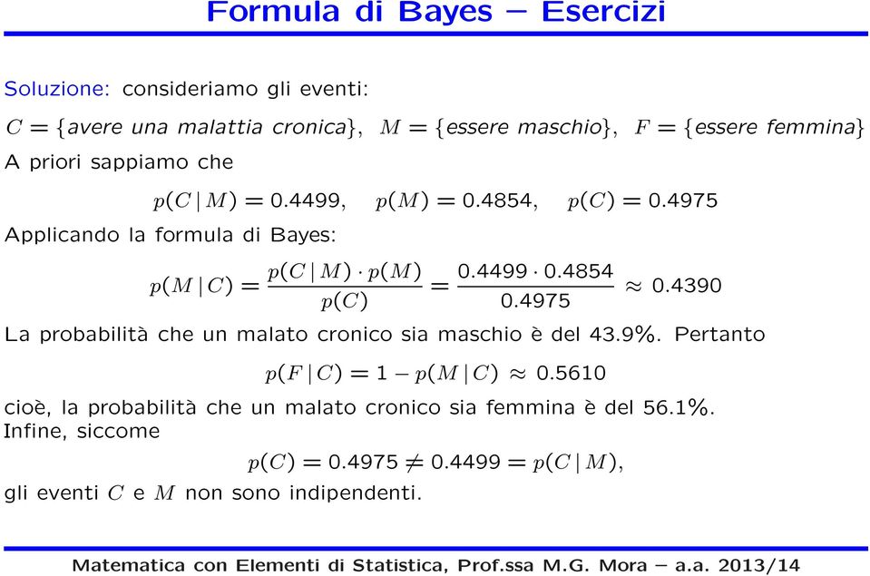 4975 Applicando la formula di Bayes: p(m C) = p(c M) p(m) p(c) = 0.4499 0.4854 0.4975 0.