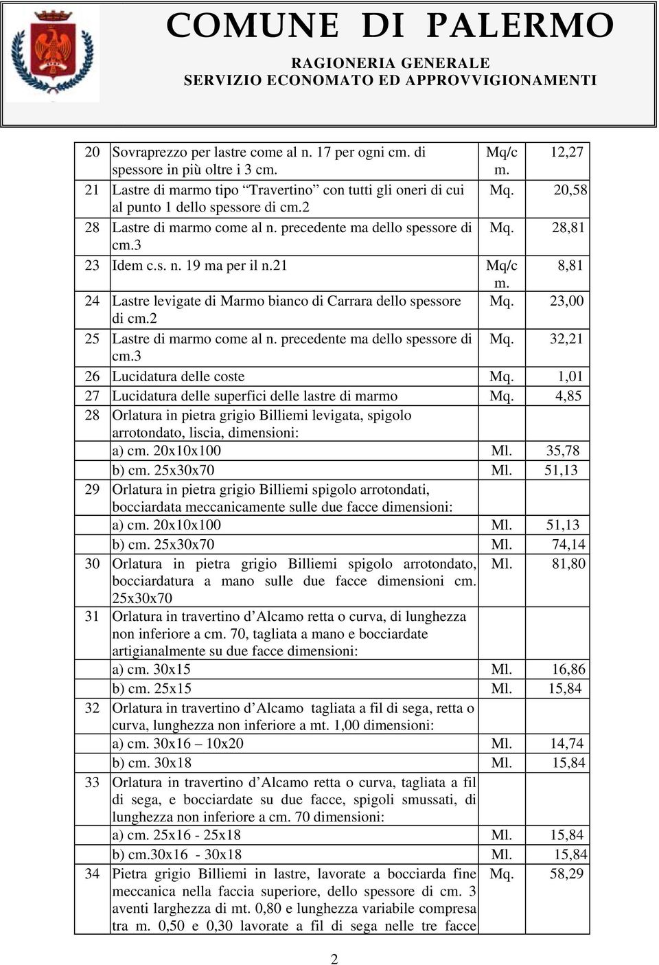 24 Lastre levigate di Marmo bianco di Carrara dello spessore Mq. 23,00 di cm.2 25 Lastre di marmo come al n. precedente ma dello spessore di Mq. 32,21 cm.3 26 Lucidatura delle coste Mq.