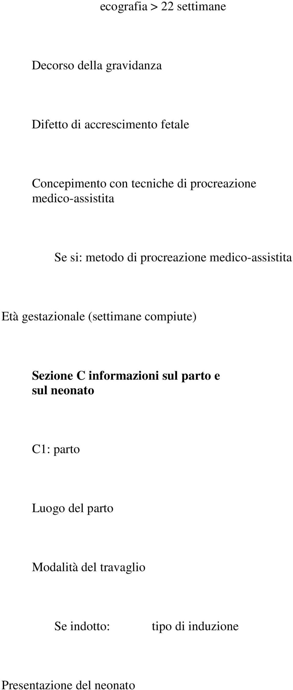 Età gestazionale (settimane compiute) Sezione C informazioni sul parto e sul neonato C1: parto