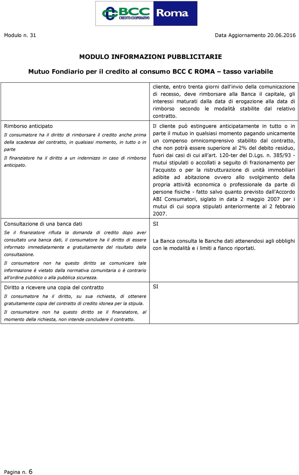 Rimborso anticipato Il consumatore ha il diritto di rimborsare il credito anche prima della scadenza del contratto, in qualsiasi momento, in tutto o in parte Il finanziatore ha il diritto a un