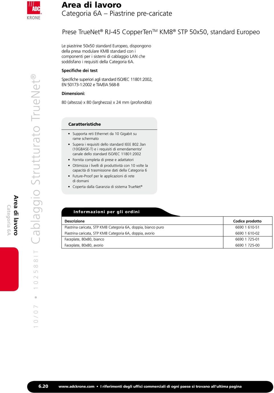 Specifiche dei test Specifiche superiori agli standard ISO/IEC 11801:2002, EN 50173-1:2002 e TIA/EIA 568-B Dimensioni: 80 (altezza) x 80 (larghezza) x 24 mm (profondità) Supporta reti Ethernet da 10