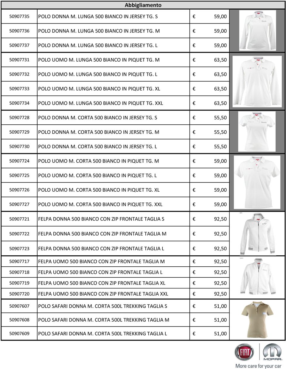 LUNGA 500 BIANCO IN PIQUET TG. XXL 63,50 50907728 POLO DONNA M. CORTA 500 BIANCO IN JERSEY TG. S 55,50 50907729 POLO DONNA M. CORTA 500 BIANCO IN JERSEY TG. M 55,50 50907730 POLO DONNA M.