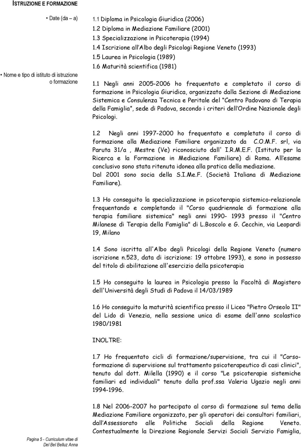 1 Negli anni 2005-2006 ho frequentato e completato il corso di formazione in Psicologia Giuridica, organizzato dalla Sezione di Mediazione Sistemica e Consulenza Tecnica e Peritale del Centro