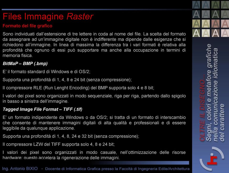 In linea di massima la differenza tra i vari formati è relativa alla profondità che ognuno di essi può supportare ma anche alla occupazione in termini di memoria fisica. BitMaP BMP (.