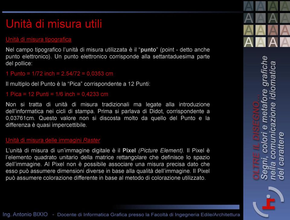 54/72 = 0,0353 cm Il multiplo del Punto è la Pica corrispondente a 12 Punti: 1 Pica = 12 Punti = 1/6 inch = 0,4233 cm Non si tratta di unità di misura tradizionali ma legate alla introduzione dell