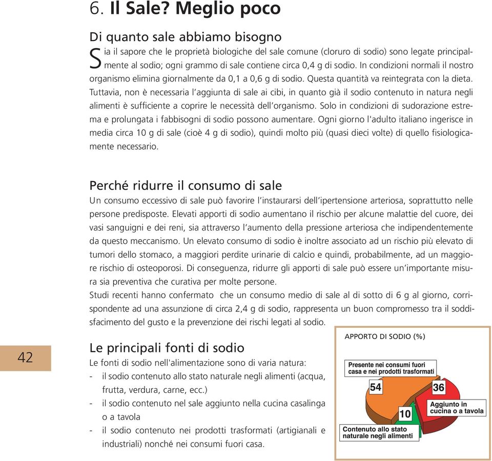 di sodio. In condizioni normali il nostro organismo elimina giornalmente da 0,1 a 0,6 g di sodio. Questa quantità va reintegrata con la dieta.