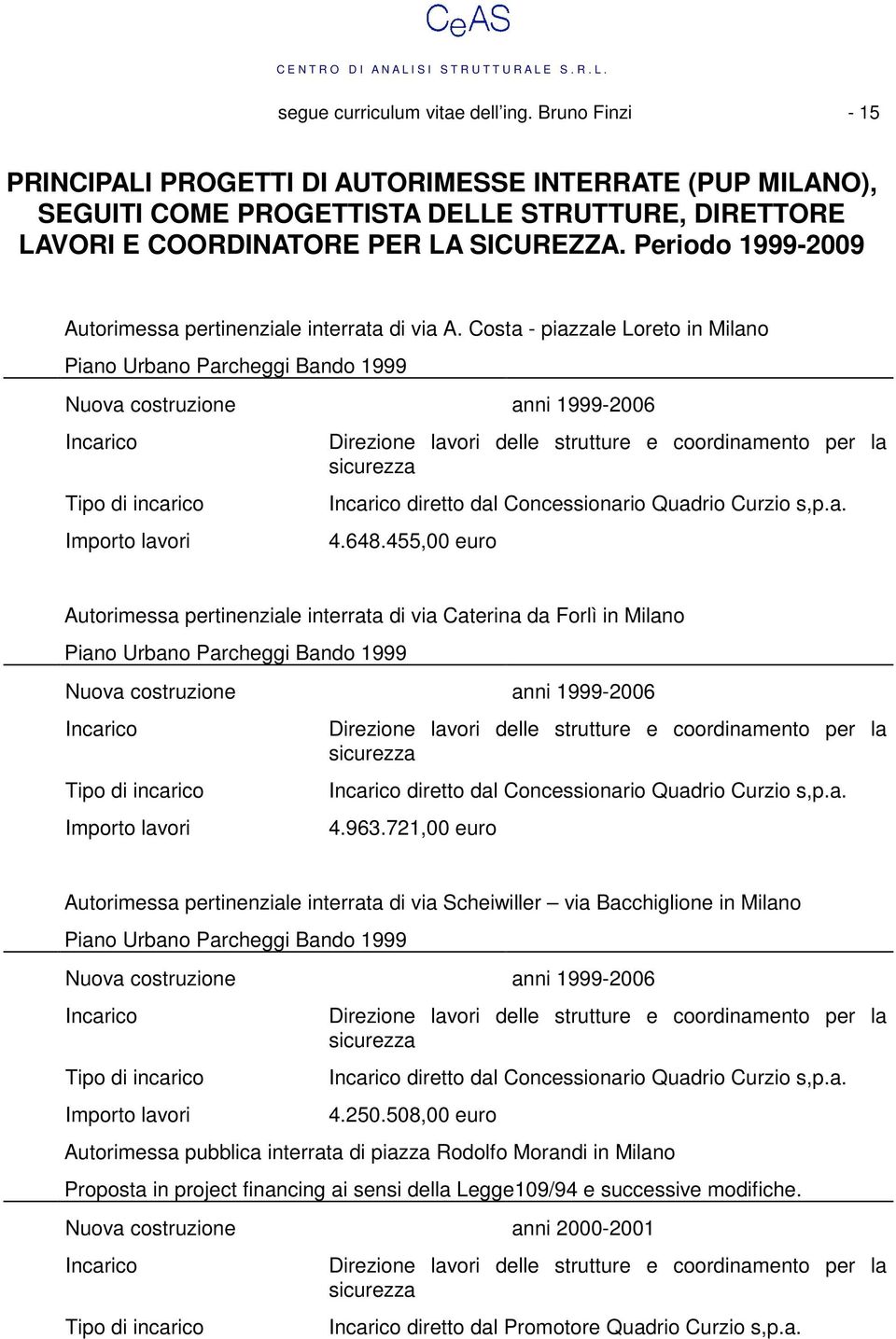 648.455,00 euro Autorimessa pertinenziale interrata di via Caterina da Forlì in Milano Piano Urbano Parcheggi Bando 1999 anni 1999-2006 diretto dal Concessionario Quadrio Curzio s,p.a. 4.963.