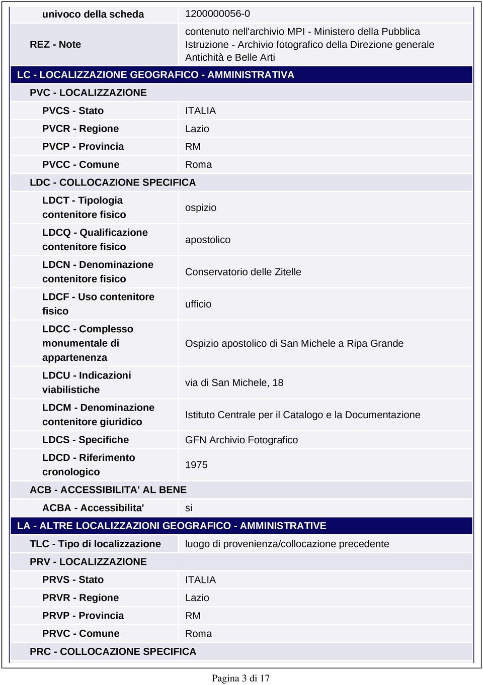 - Qualificazione contenitore fisico LDCN - Denominazione contenitore fisico LDCF - Uso contenitore fisico LDCC - Complesso monumentale di appartenenza LDCU - Indicazioni viabilistiche LDCM -