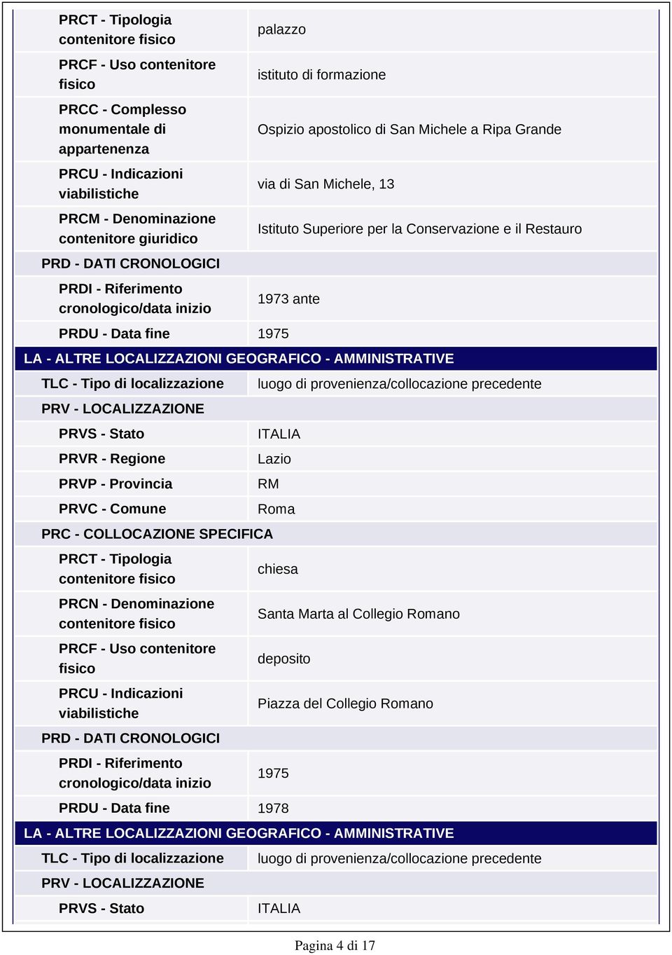 il Restauro 1973 ante PRDU - Data fine 1975 LA - ALTRE LOCALIZZAZIONI GEOGRAFICO - AMMINISTRATIVE TLC - Tipo di localizzazione PRV - LOCALIZZAZIONE PRVS - Stato PRVR - Regione PRVP - Provincia PRVC -