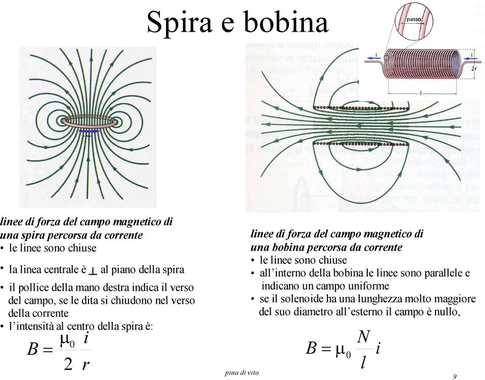 è: 0 i B= 2 r linee di forza del campo magnetico di una bobina percorsa da corrente le linee sono chiuse all interno della bobina le linee sono