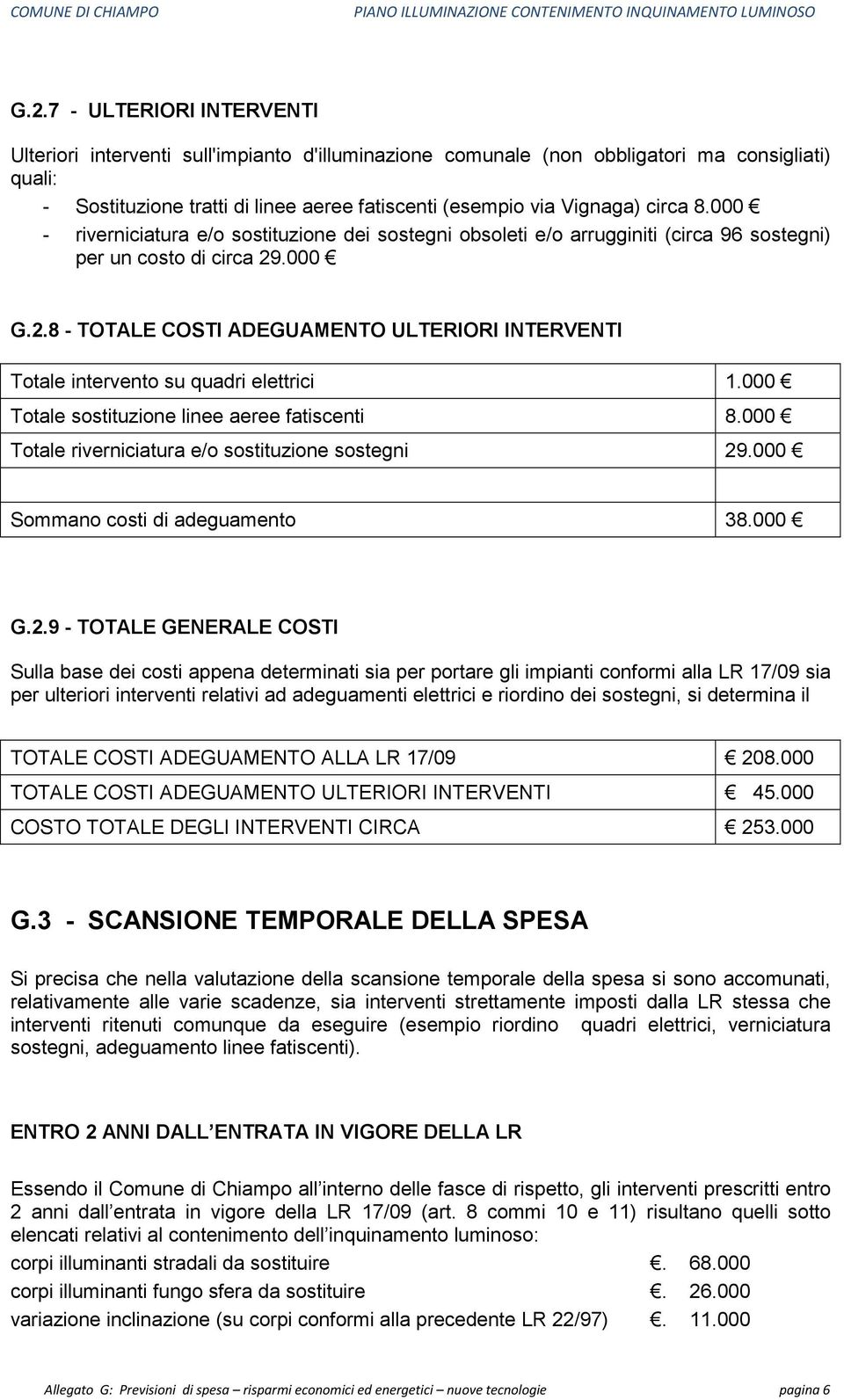 .000 G.2.8 - TOTALE COSTI ADEGUAMENTO ULTERIORI INTERVENTI Totale intervento su quadri elettrici 1.000 Totale sostituzione linee aeree fatiscenti 8.