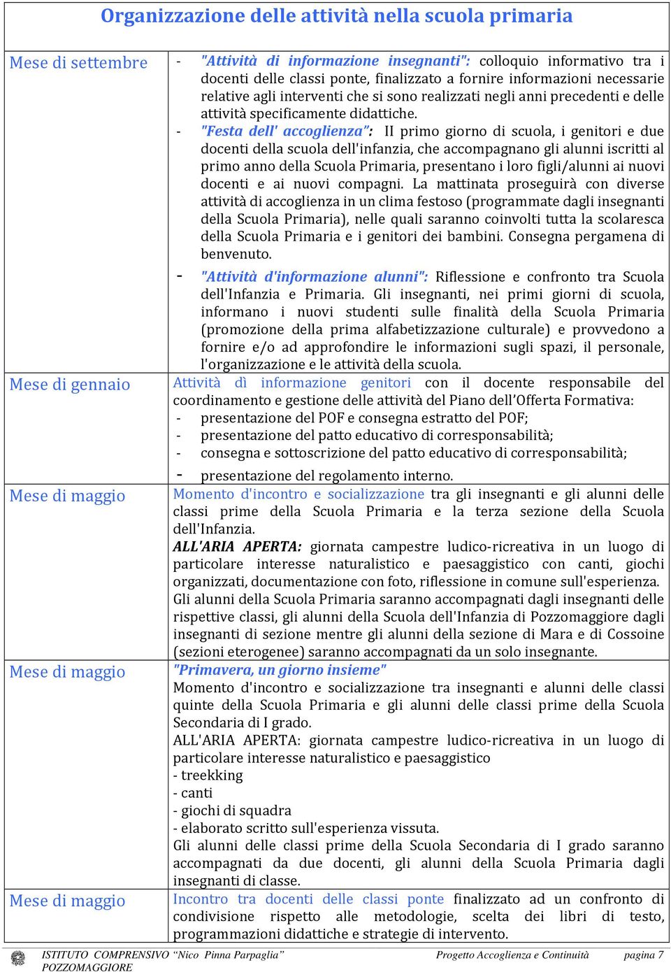 - "Festa dell' accoglienza : II primo giorno di scuola, i genitori e due docenti della scuola dell'infanzia, che accompagnano gli alunni iscritti al primo anno della Scuola Primaria, presentano i