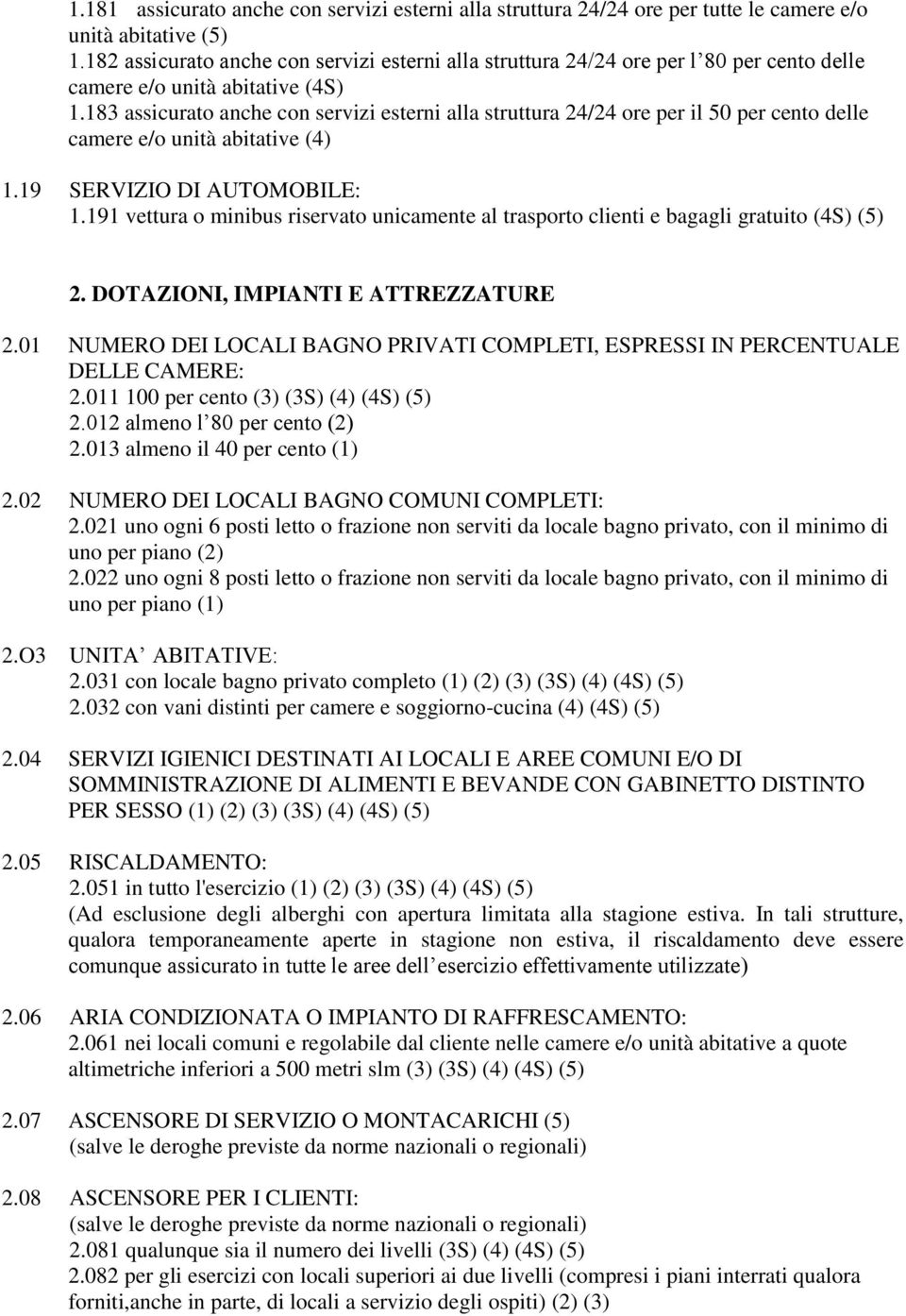 183 assicurato anche con servizi esterni alla struttura 24/24 ore per il 50 per cento delle camere e/o unità abitative (4) 1.19 SERVIZIO DI AUTOMOBILE: 1.