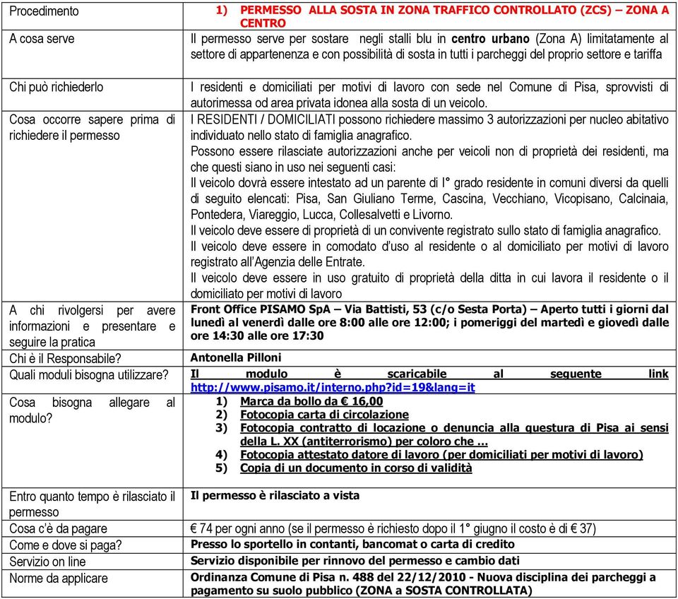 I residenti e domiciliati per motivi di lavoro con sede nel Comune di Pisa, sprovvisti di autorimessa od area privata idonea alla sosta di un veicolo.