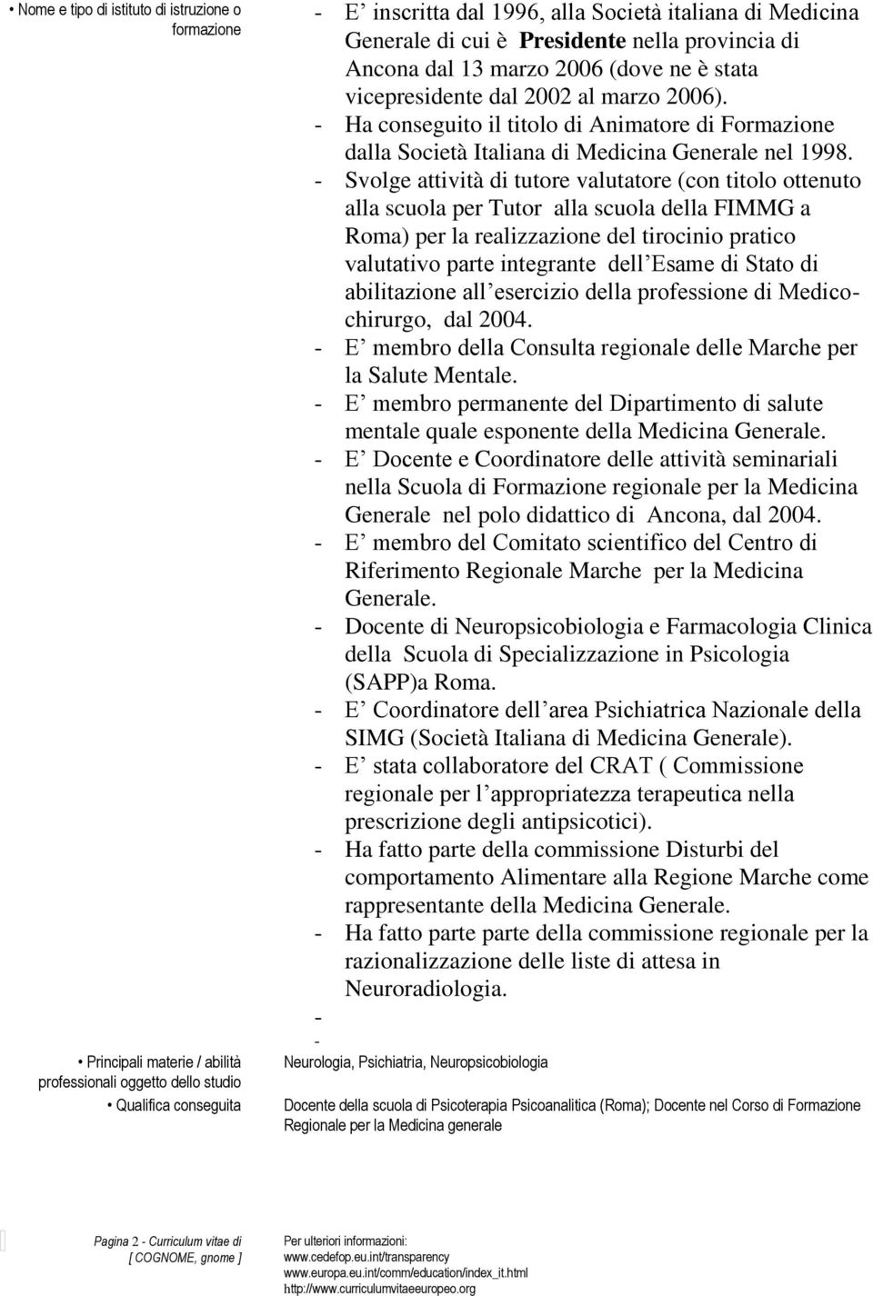 - Ha conseguito il titolo di Animatore di Formazione dalla Società Italiana di Medicina Generale nel 1998.