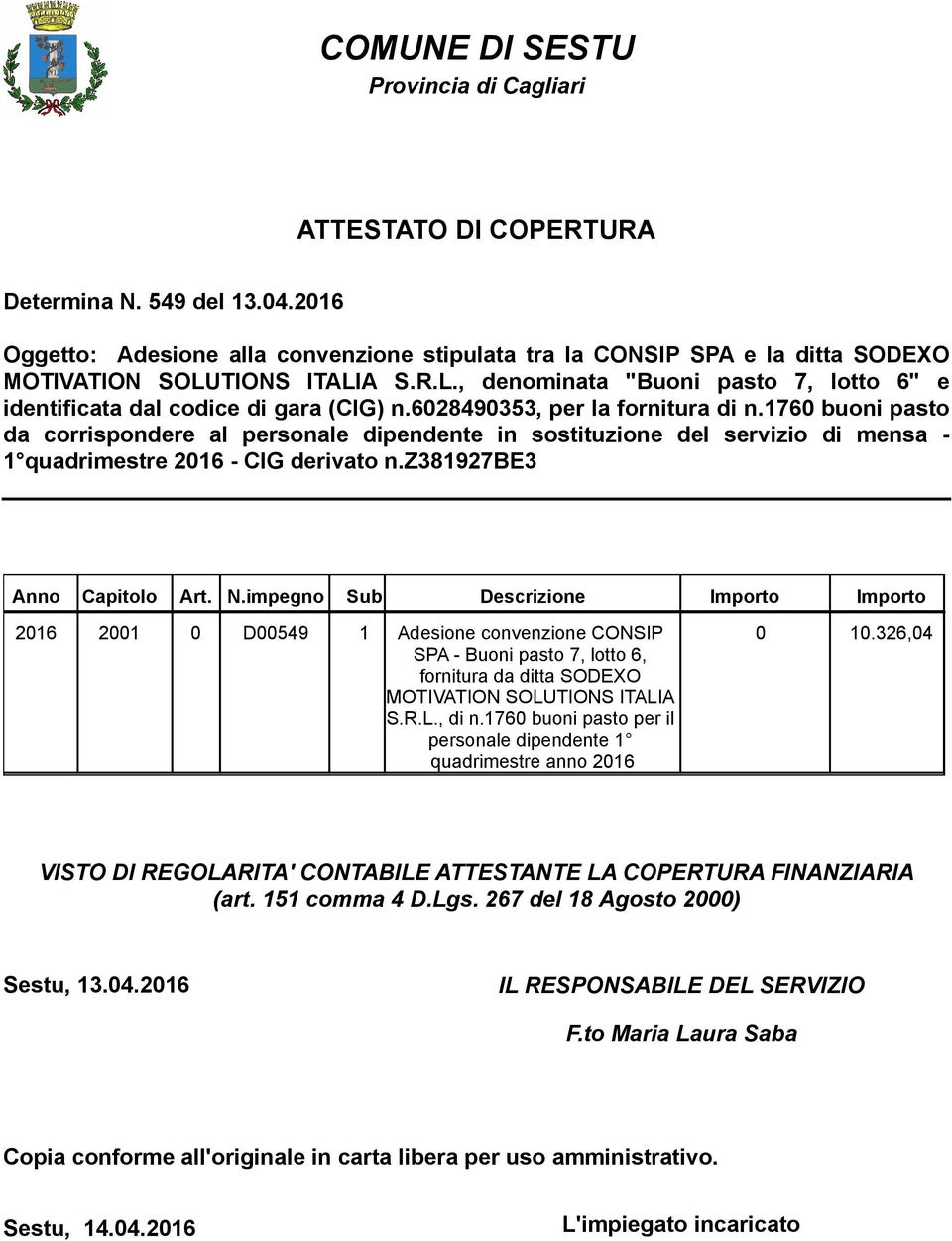 6028490353, per la fornitura di n.1760 buoni pasto da corrispondere al personale dipendente in sostituzione del servizio di mensa - 1 quadrimestre 2016 - CIG derivato n.z381927be3 Anno Capitolo Art.