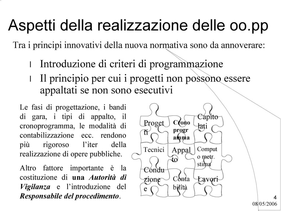 appaltati se non sono esecutivi Le fasi di progettazione, i bandi di gara, i tipi di appalto, il cronoprogramma, le modalità di contabilizzazione ecc.