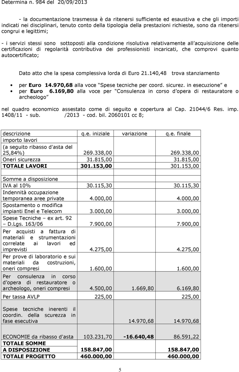 quanto autocertificato; Dato atto che la spesa complessiva lorda di Euro 21.140,48 trova stanziamento per Euro 14.970,68 alla voce Spese tecniche per coord. sicurez. in esecuzione e per Euro 6.