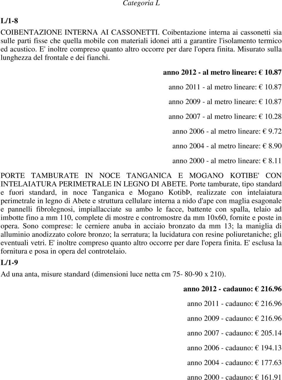 87 anno 2009 - al metro lineare: 10.87 anno 2007 - al metro lineare: 10.28 anno 2006 - al metro lineare: 9.72 anno 2004 - al metro lineare: 8.90 anno 2000 - al metro lineare: 8.