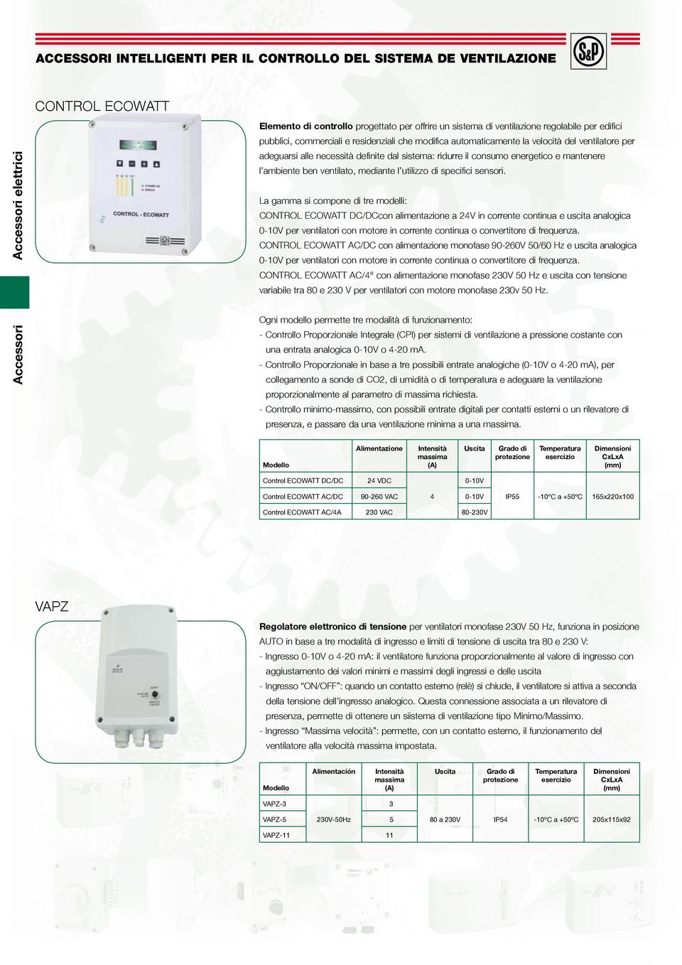 La gamma si compone di tre modelli: CONTROL ECOWATT DC/DCcon alimentazione a 24V in corrente continua e uscita analogica per ventilatori con motore in corrente continua o convertitore di frequenza.