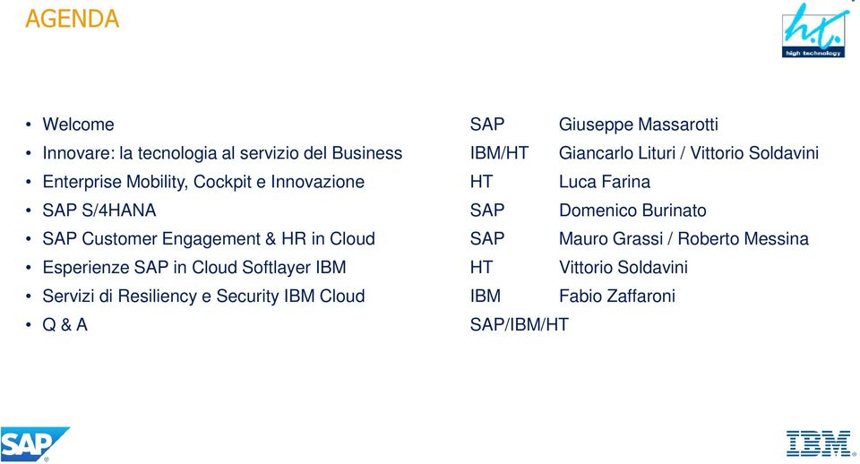 Domenico Burinato SAP Customer Engagement & HR in Cloud SAP Mauro Grassi / Roberto Messina Esperienze SAP in